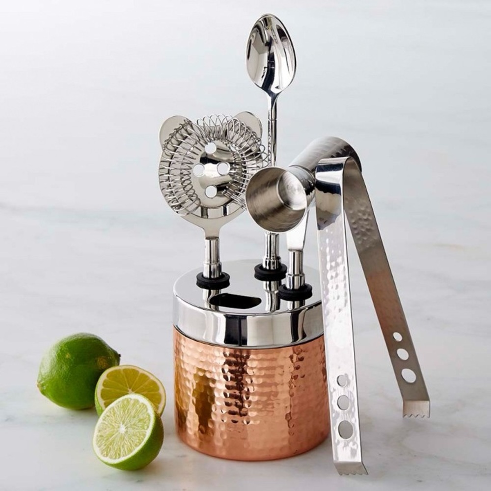 WILLIAMS SONOMA copper hammered BAR TOOL SET